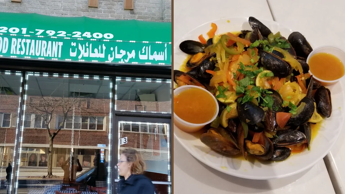 Fresh shrimp and rice served in a restaurant.