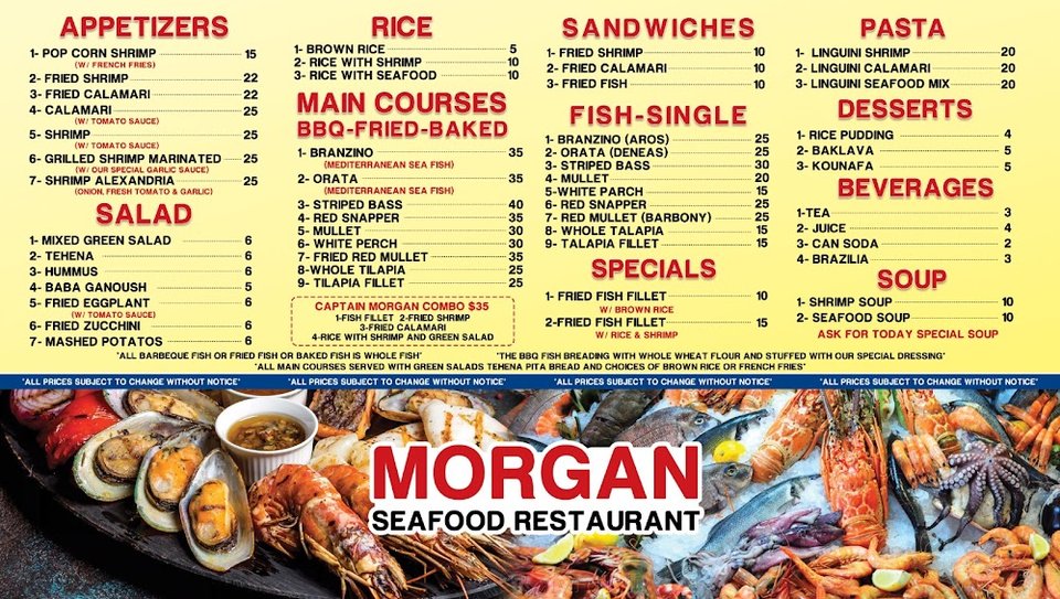 Printed menu with seafood and rice sections.
