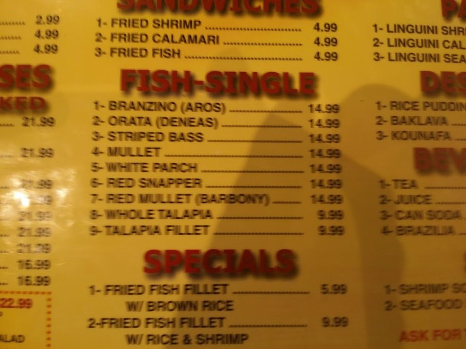 Menu page showing appetizers, pasta, and fish.